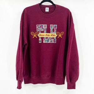 Vintage Jerzees Maroon Floral Tennis Graphic Sweatshirt XL Made in USA